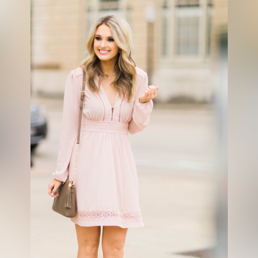 Wayf Pink Long Sleeve V-Neck Sundress